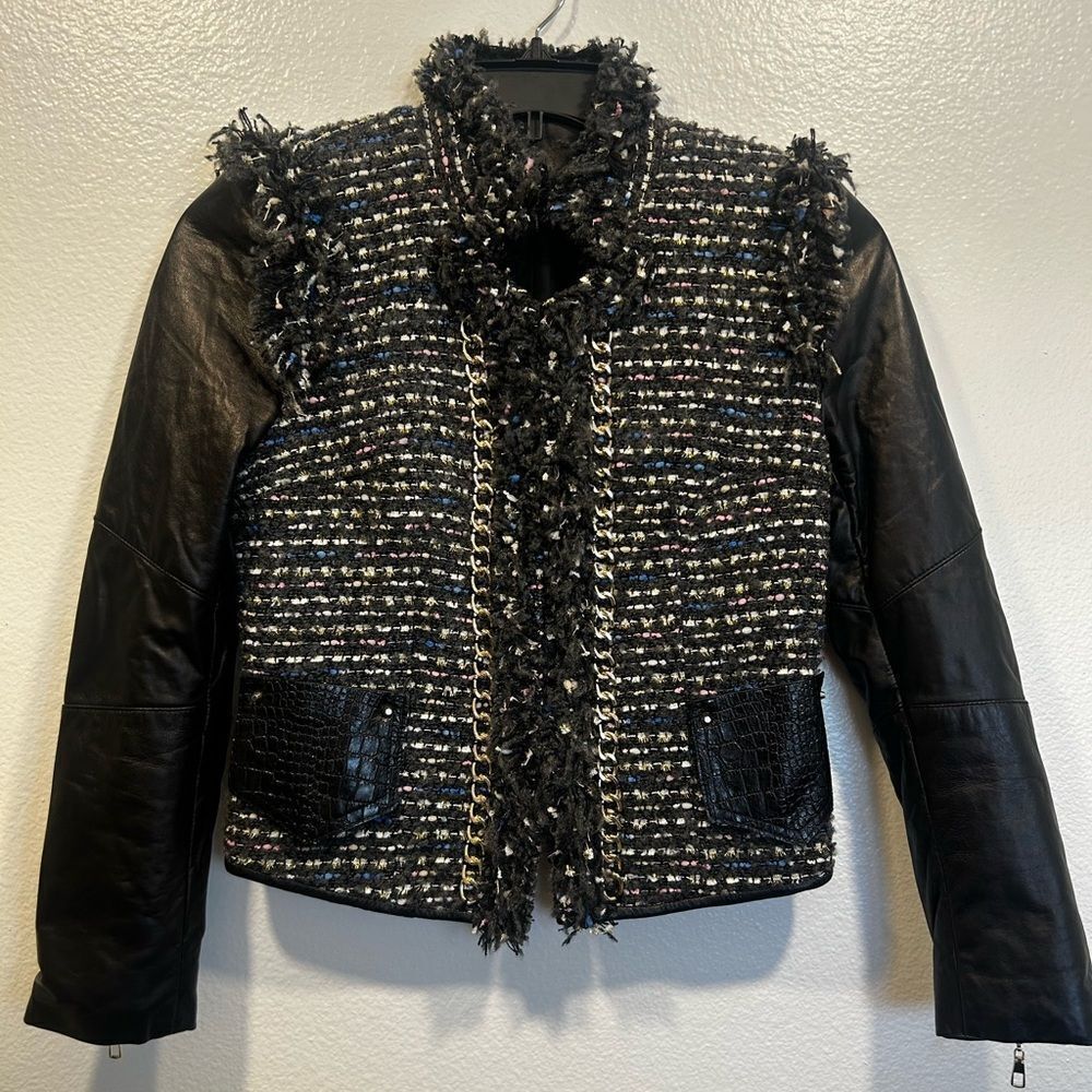 Chic Black Tweed Jacket with Leather Sleeves size 2